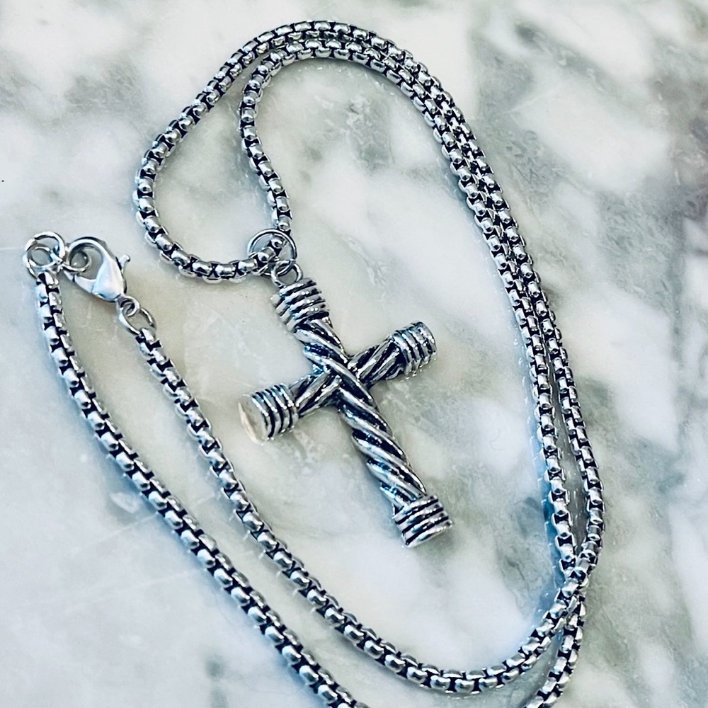 Brand new! Long Designer style large Cross Pendant on a rounded box chain 24”